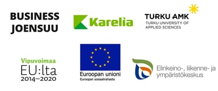 Smerec-hankkeen logot Business Joensuu, Karelia-amk, Turku Amk, Vipuvoimaa EU:lta 2014-2020, Euroopan Unioni - Euroopan Sosiaalirahasto ja ELY-keskus