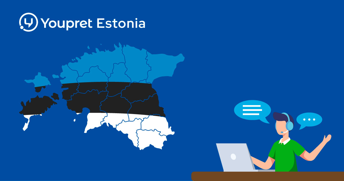 A drawing showing a map of Estonia on one side and a person talking on the other side of a laptop.