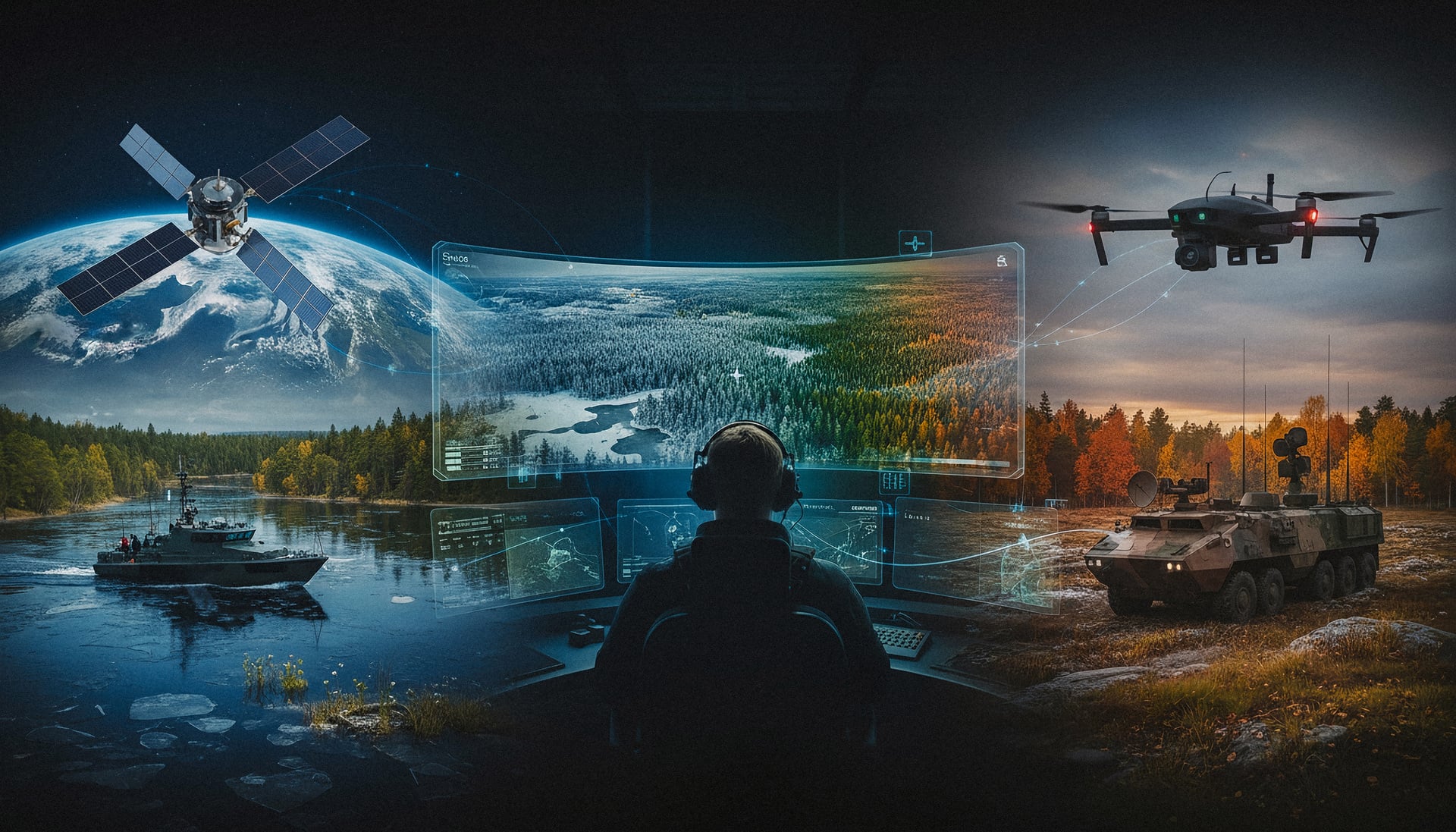 Kollaasikuva, jossa henkilö istuu ison näytön edessä.